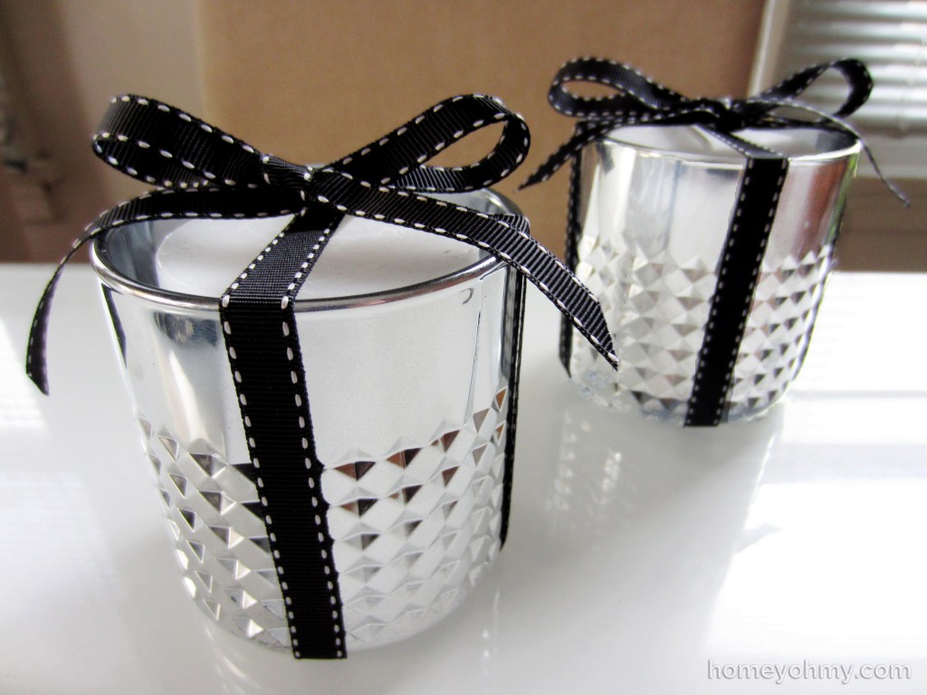 DIY mercury votive candle holders with ribbon