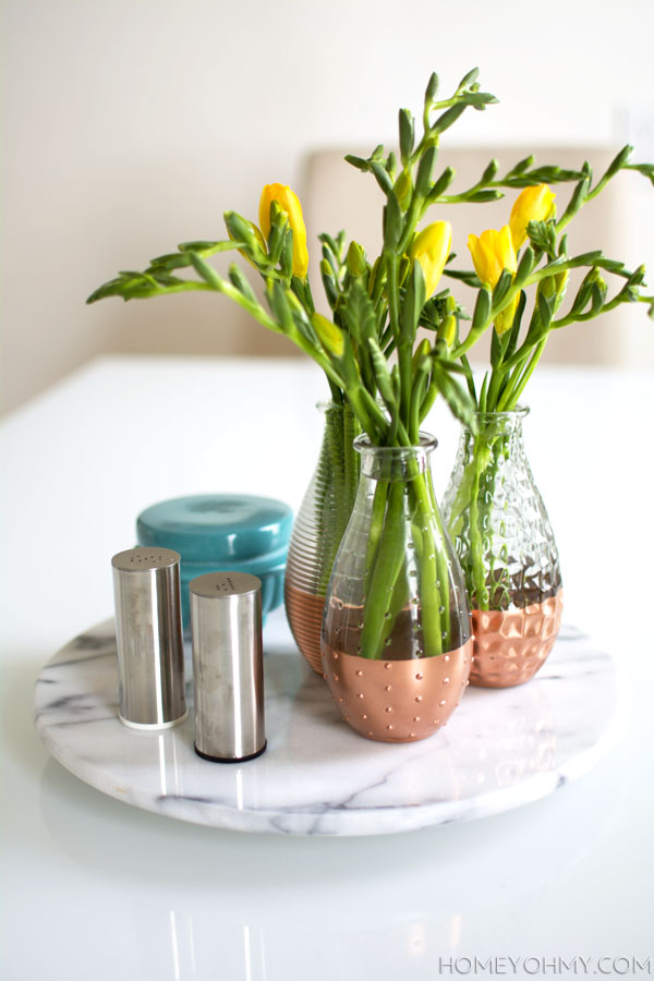 Spring centerpiece with copper and marble