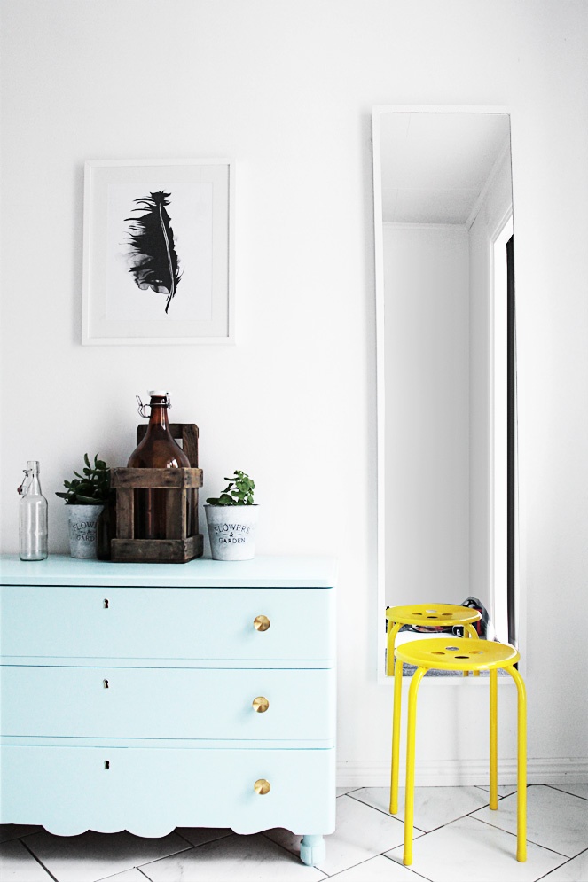 Mint dresser and neon yellow stool