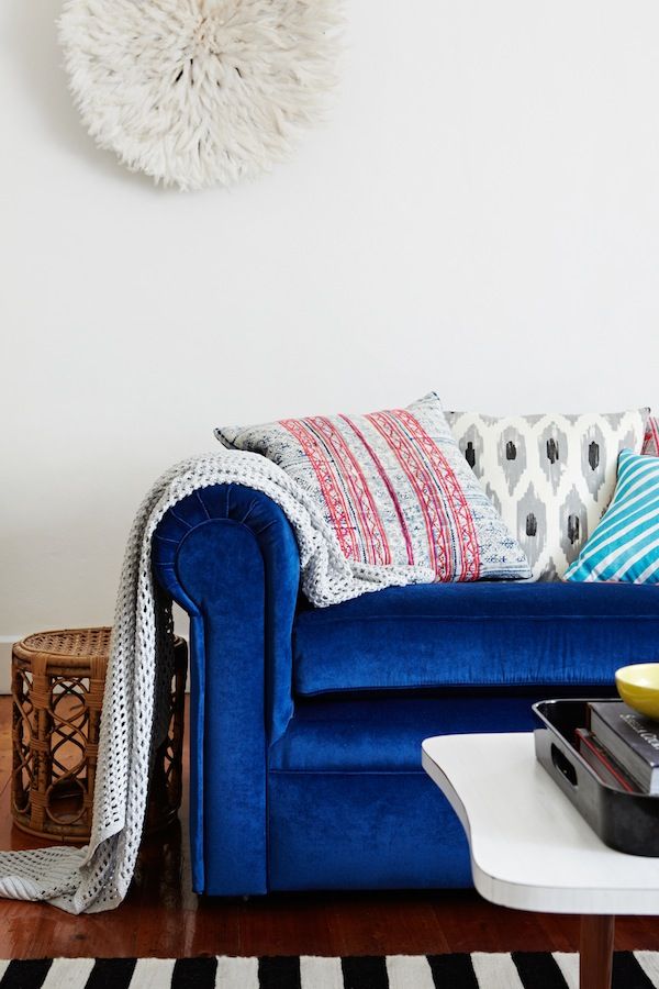 Blue velvet couch styling