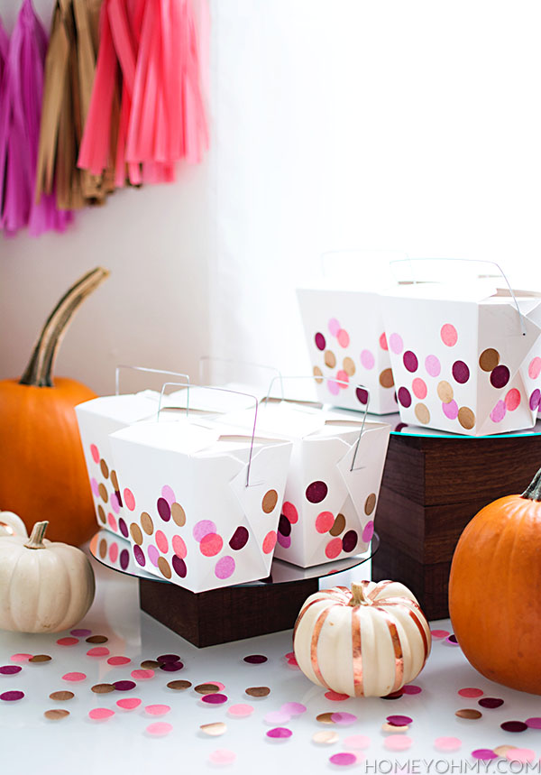 Takeout boxes decorated with confetti