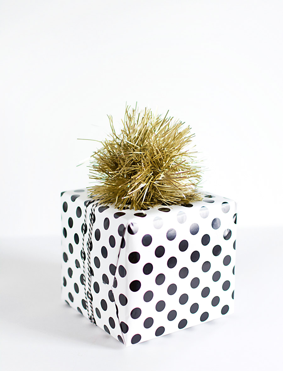 DIY Tinsel pom pom gift topper